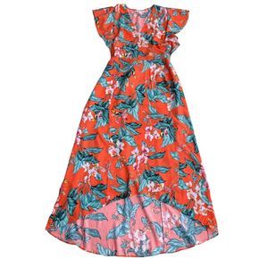 Midi Floral High Low Dress L Tropical Multicolor Cap Sleeve Romantic Summery